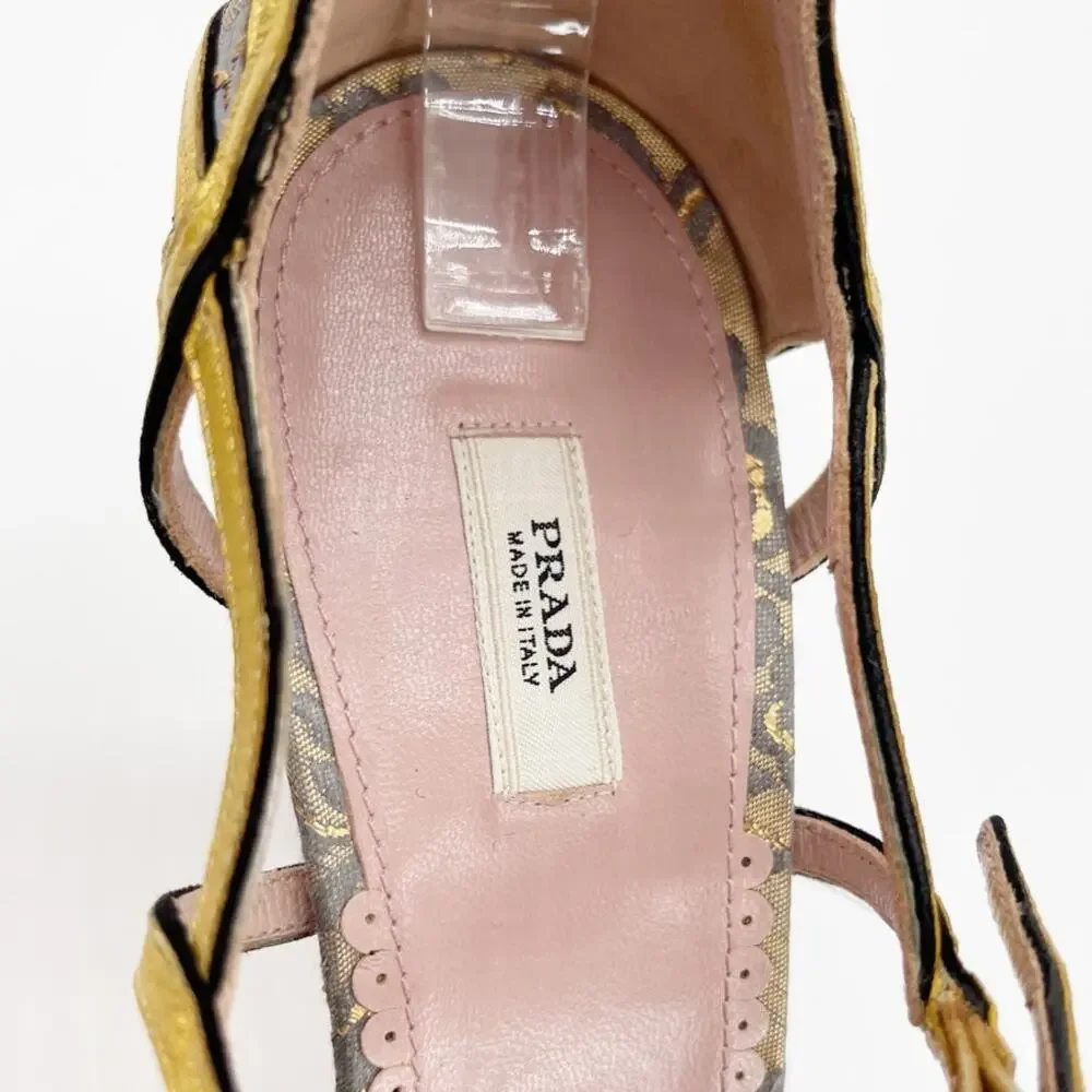 Prada Vintage Gold Floral Brocade Retro Baroque Strappy Square Toe Heels IT 40 - Picture 9 of 11
